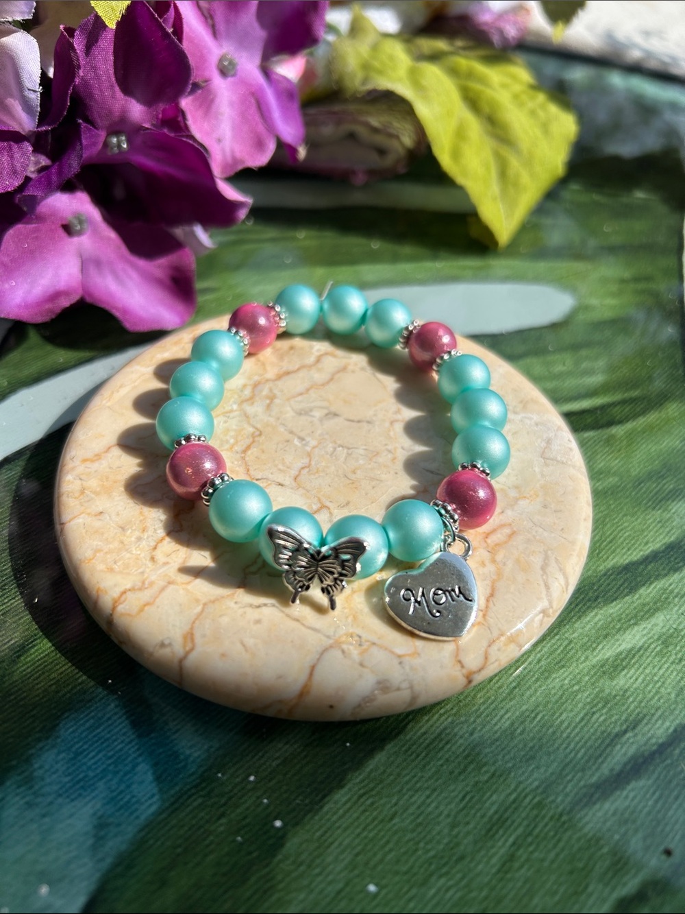 Mom Butterfly Charm Bracelet - Mint Green & Pink Beaded Bracelet